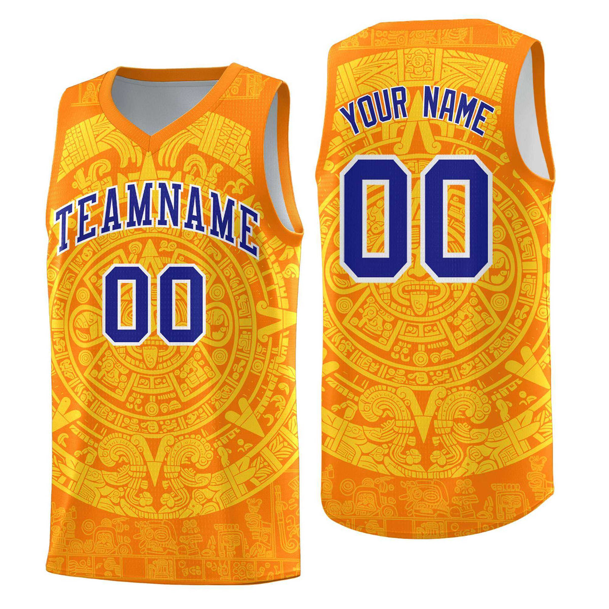 Custom Youth Basketball Jerseys Gold Aztec Sun Stone Design Team Uniform