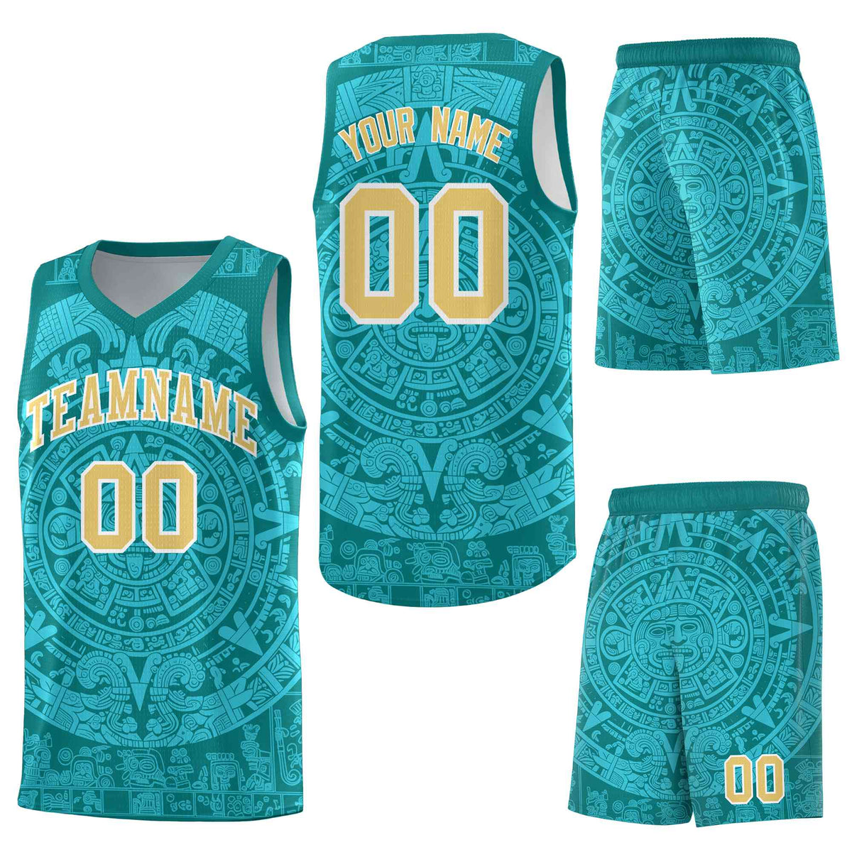 Custom Teal Aqua Aztec Sun Stone Graffiti Pattern Lightweight Uniform Basketball Jersey