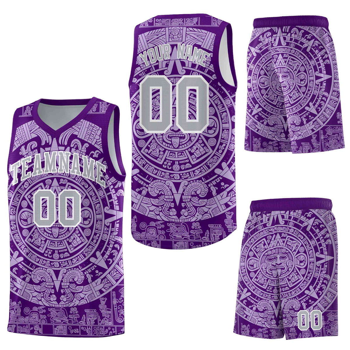 Custom Purple Light Purple Aztec Sun Stone Graffiti Pattern Wrinkle-Resistant Uniform Basketball Jersey