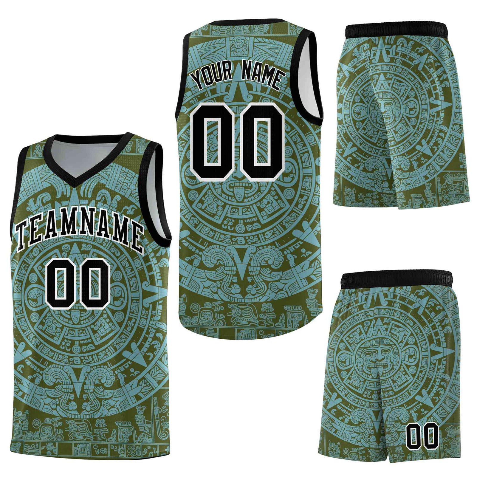 Custom Olive Sky Blue Aztec Sun Stone Graffiti Pattern Breathable Uniform Basketball Jersey