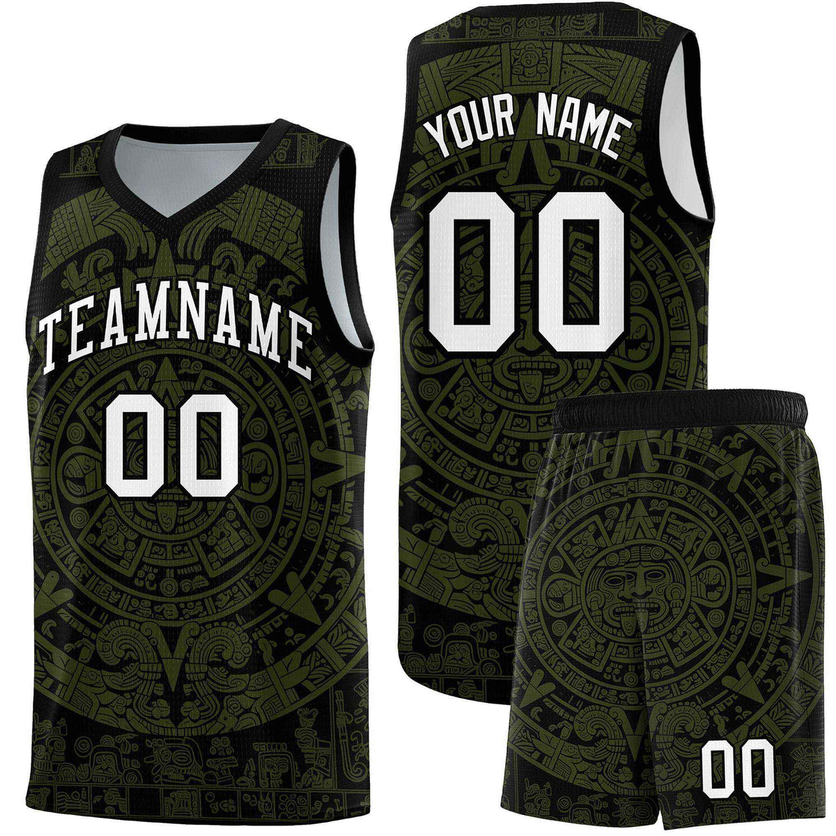 Custom Youth Basketball Jerseys Olive Aztec Sun Stone Pattern Custom Team Set