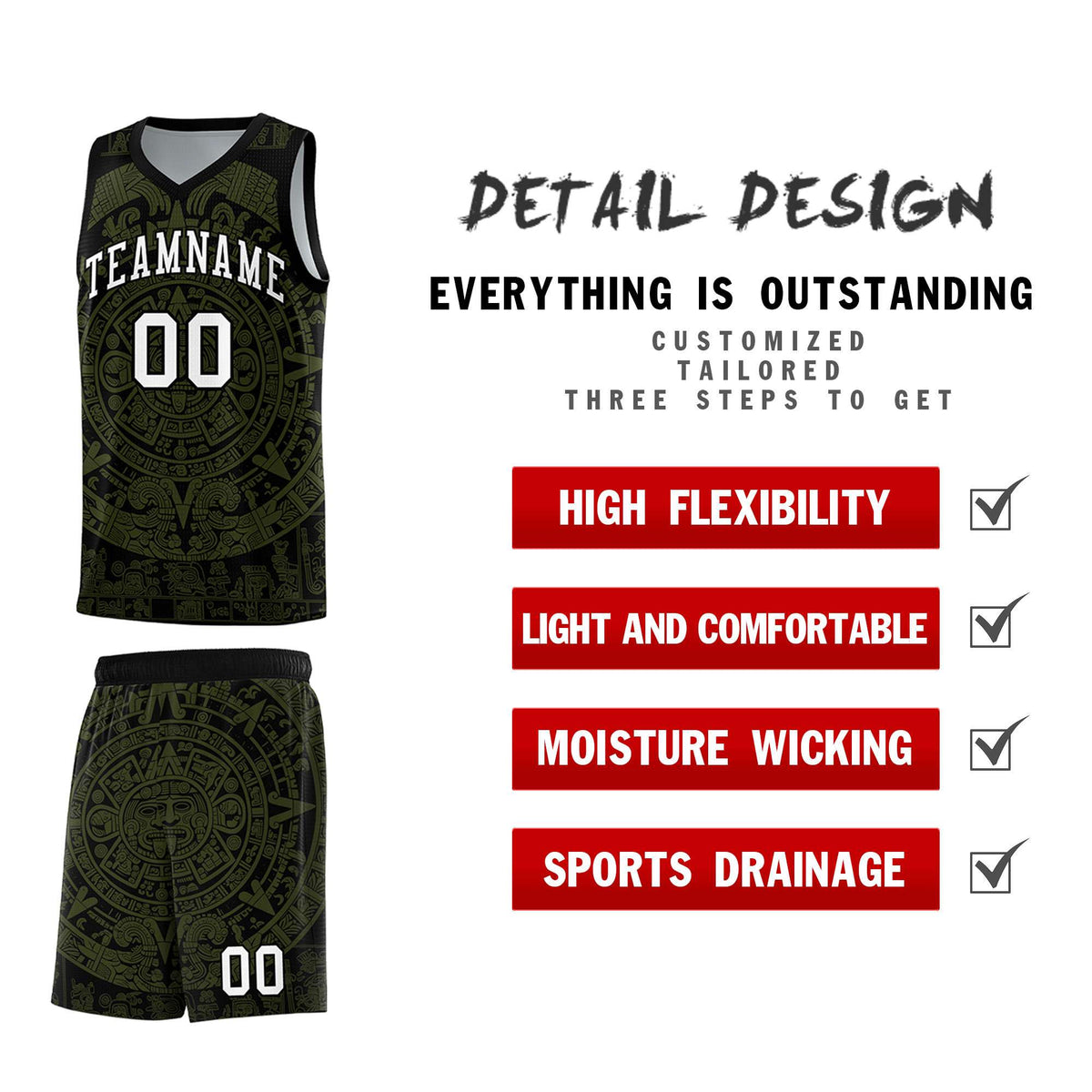 Custom Youth Basketball Jerseys Olive Aztec Sun Stone Pattern Custom Team Set
