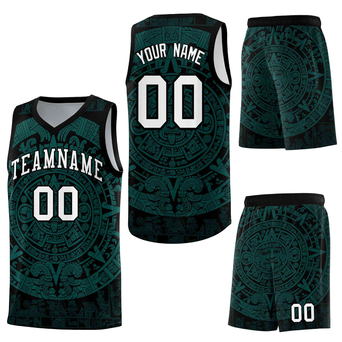 Custom Black Teal Aztec Sun Stone Graffiti Pattern Lightweight Uniform Basketball Jersey
