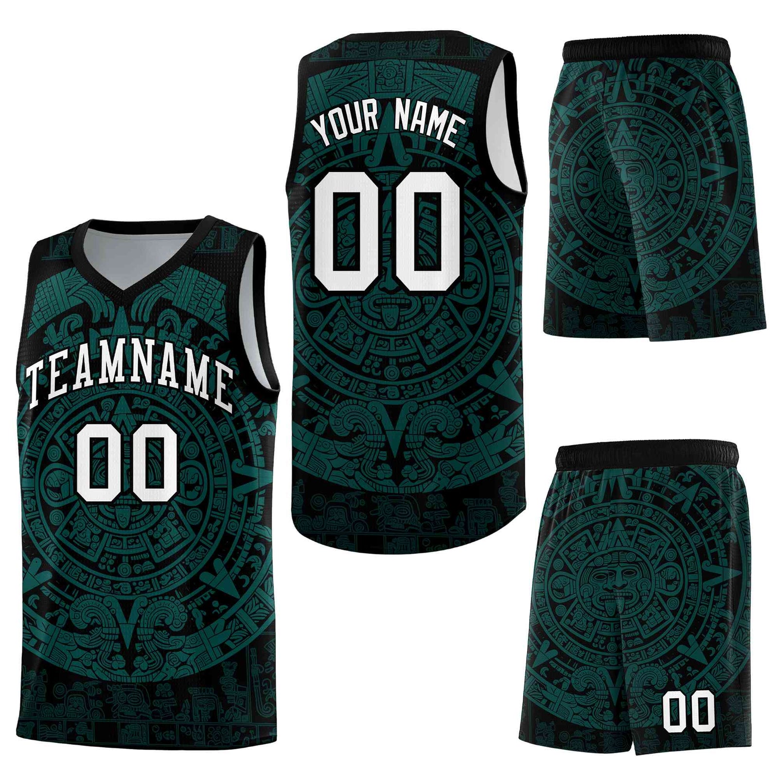 Custom Black Teal Aztec Sun Stone Graffiti Pattern Lightweight Uniform Basketball Jersey