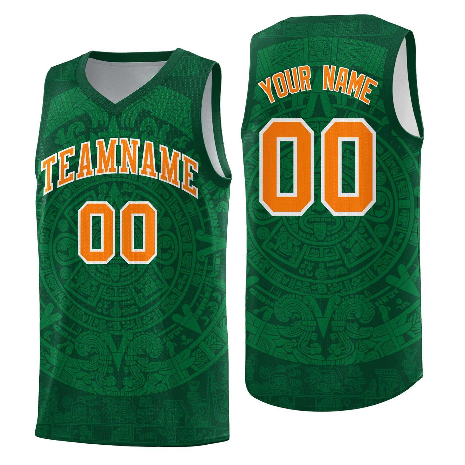 Custom Youth Basketball Jerseys Kelly Green Aztec Sun Stone Personalized Uniform