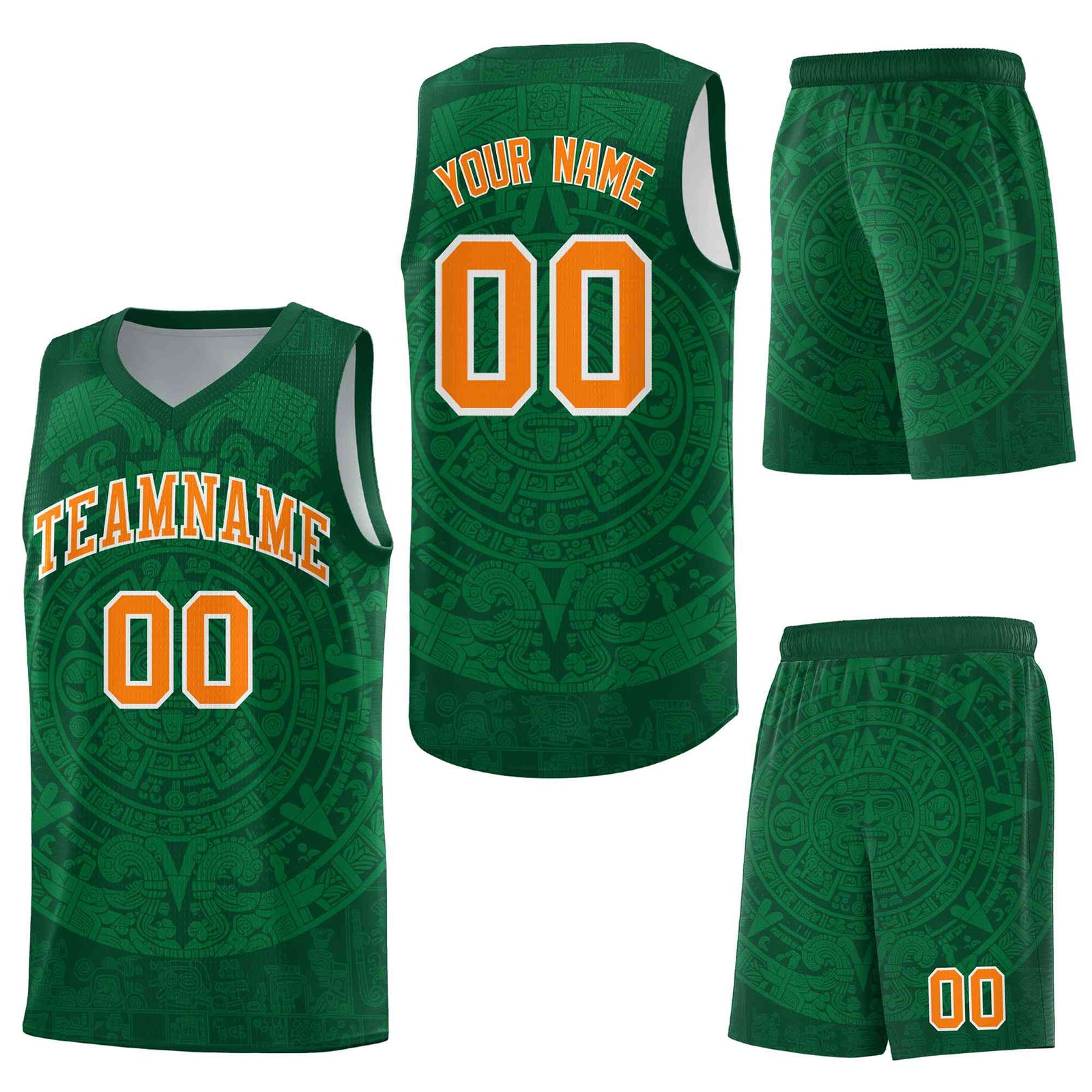 Custom Green Kelly Green Aztec Sun Stone Graffiti Pattern Wrinkle-Resistant Uniform Basketball Jersey