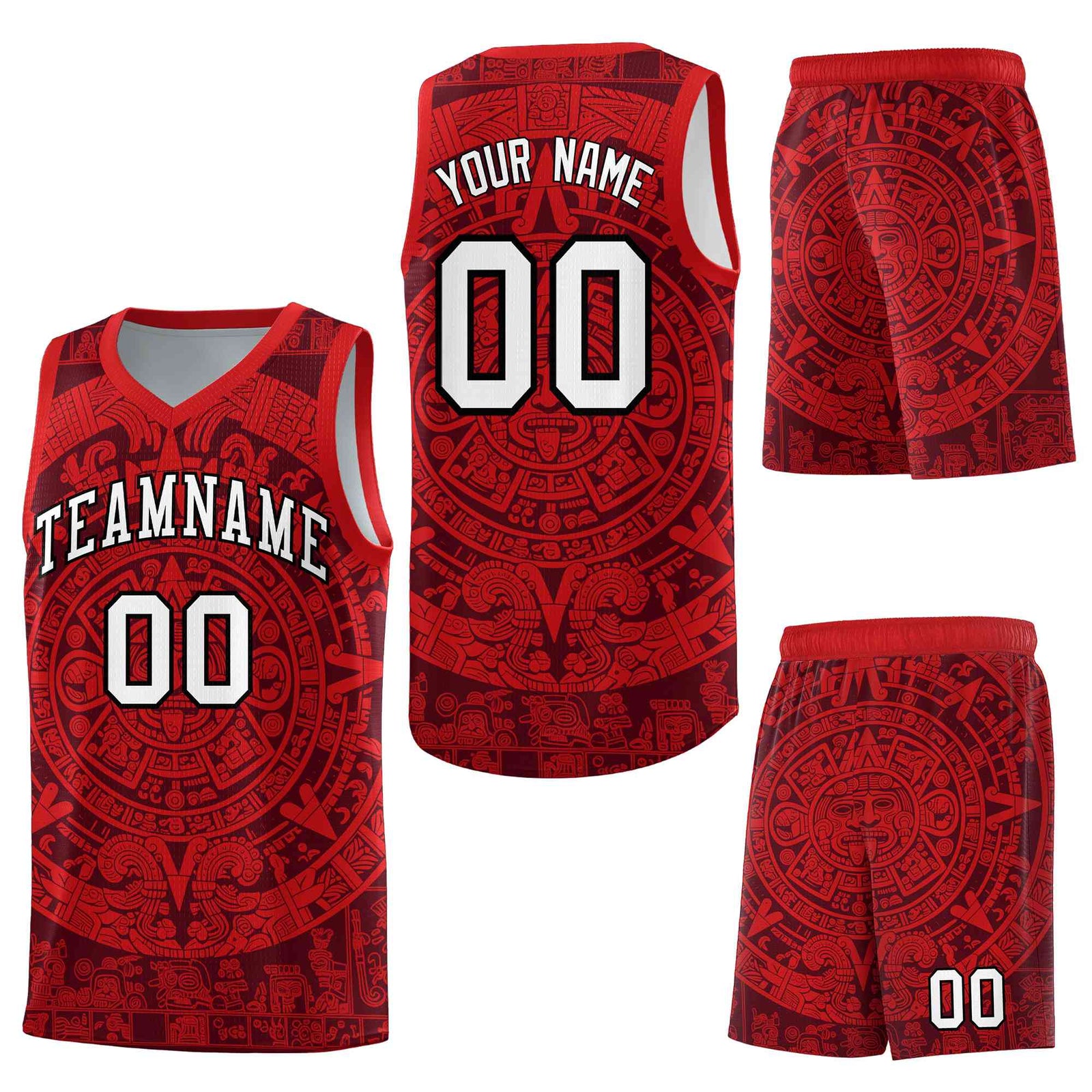 Custom Crimson Red Aztec Sun Stone Graffiti Pattern Drapable Uniform Basketball Jersey