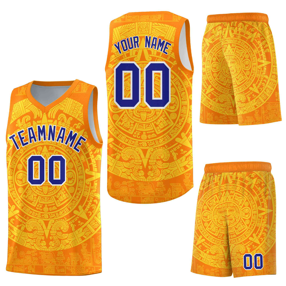 Custom Orange Gold Aztec Sun Stone Graffiti Pattern Lightweight Uniform Basketball Jersey