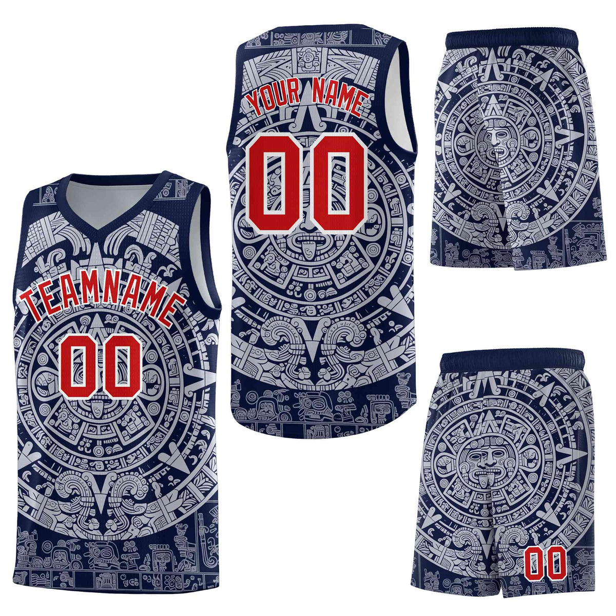 Custom Navy White Aztec Sun Stone Graffiti Pattern Breathable Uniform Basketball Jersey