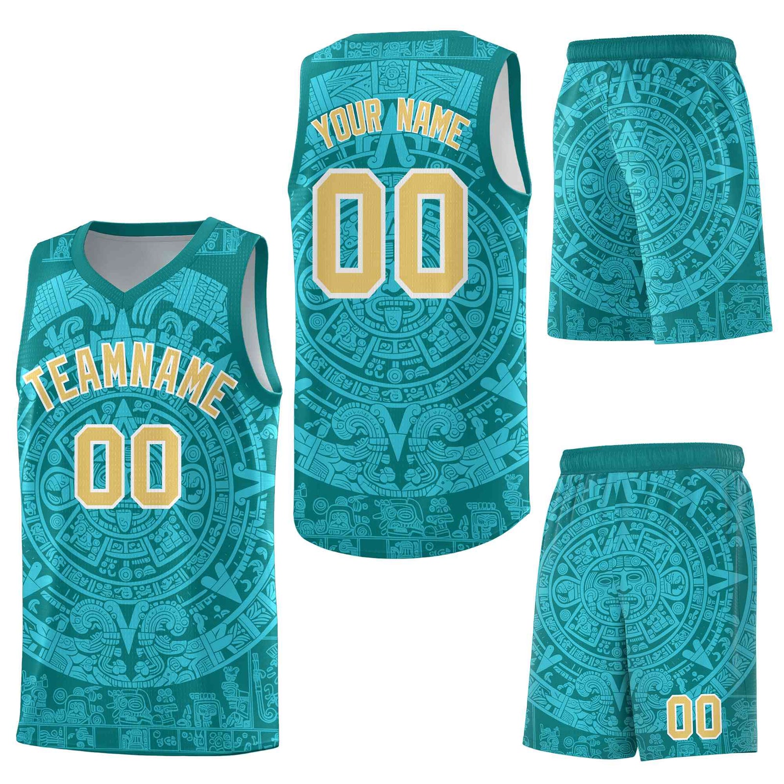 Custom Teal Aqua Aztec Sun Stone Graffiti Pattern Lightweight Uniform Basketball Jersey