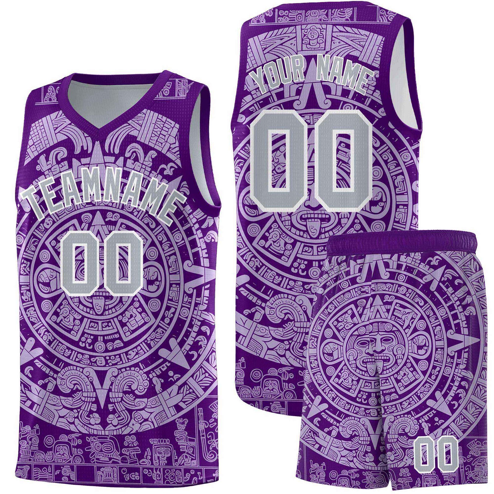 Custom Youth Basketball Jerseys Light Purple Aztec Sun Stone Pattern Custom Team Set