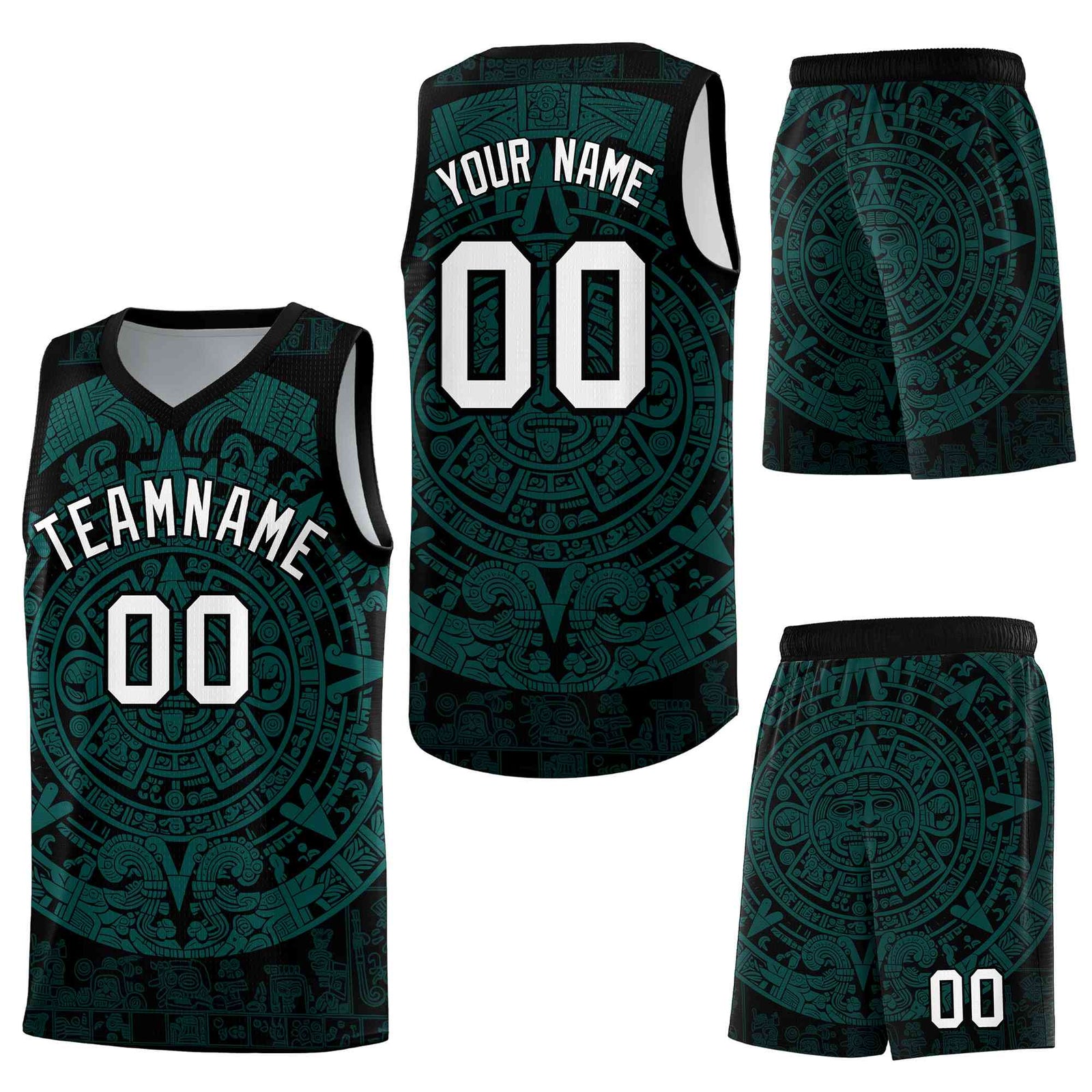 Custom Black Teal Aztec Sun Stone Graffiti Pattern Lightweight Uniform Basketball Jersey