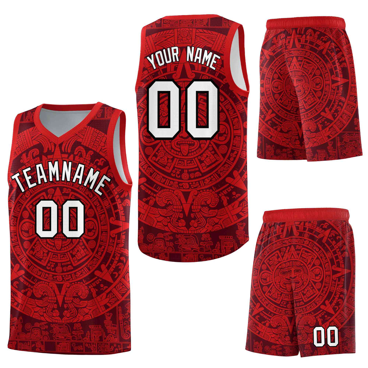 Custom Crimson Red Aztec Sun Stone Graffiti Pattern Drapable Uniform Basketball Jersey