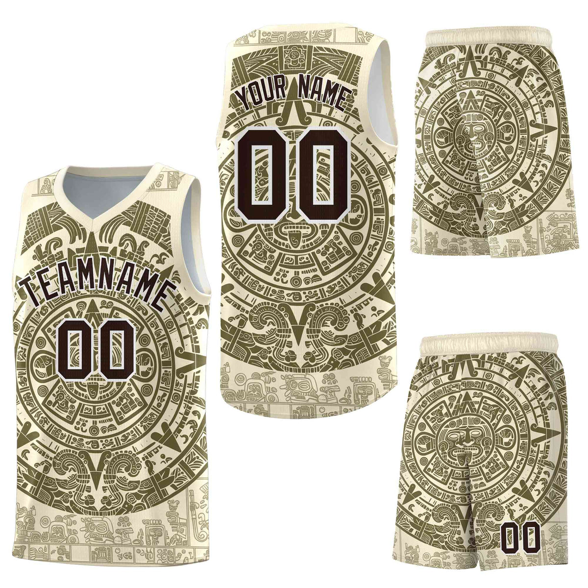 Custom Cream Olive Aztec Sun Stone Graffiti Pattern Quick-Drying Uniform Basketball Jersey