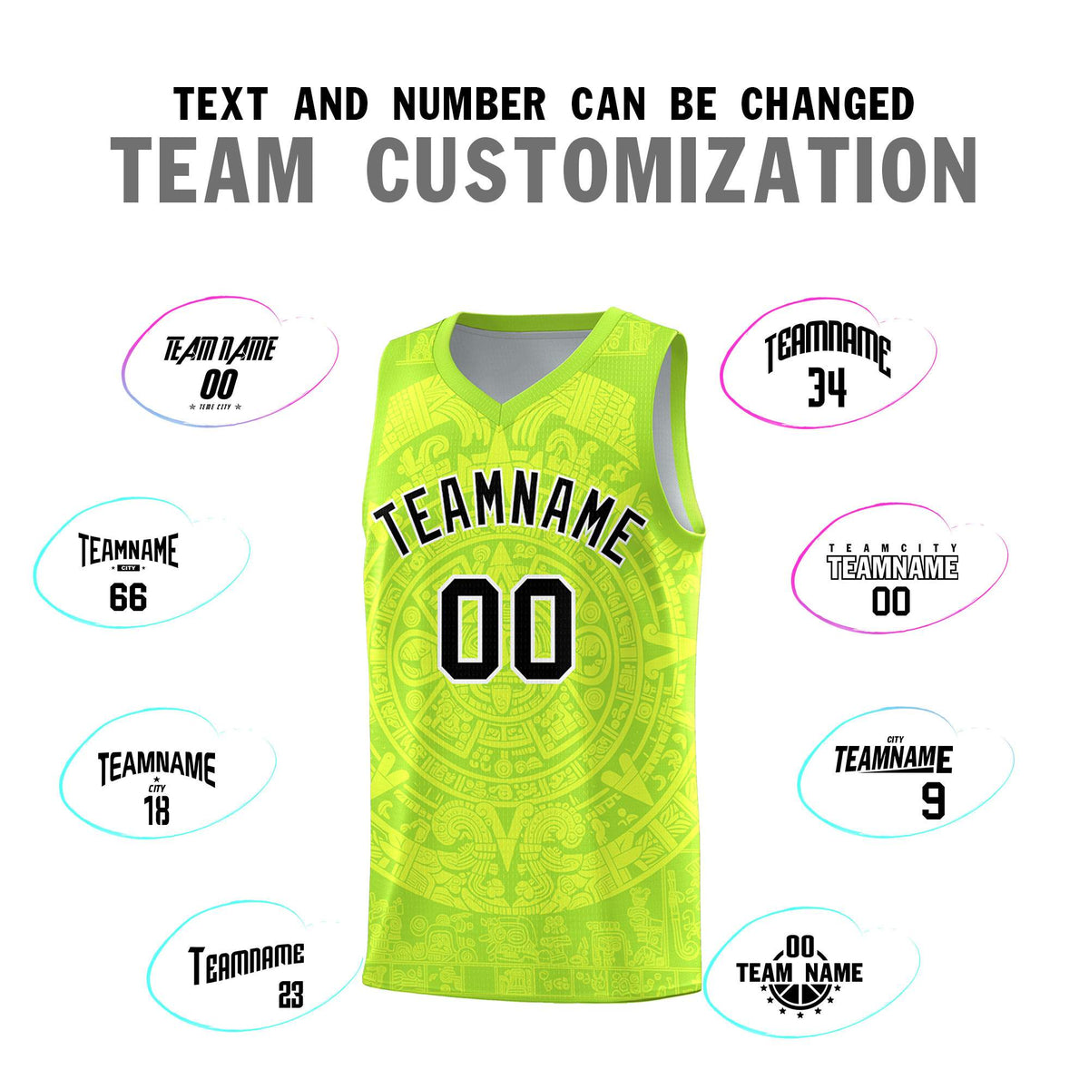 Custom Youth Basketball Jerseys Fluorescent Green Aztec Sun Stone Personalized Uniform