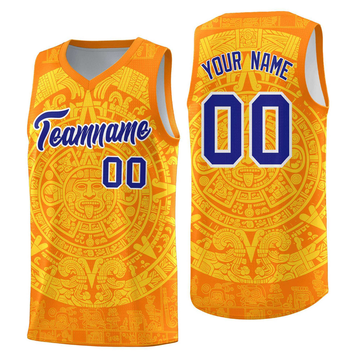 Custom Youth Basketball Jerseys Gold Aztec Sun Stone Design Team Uniform