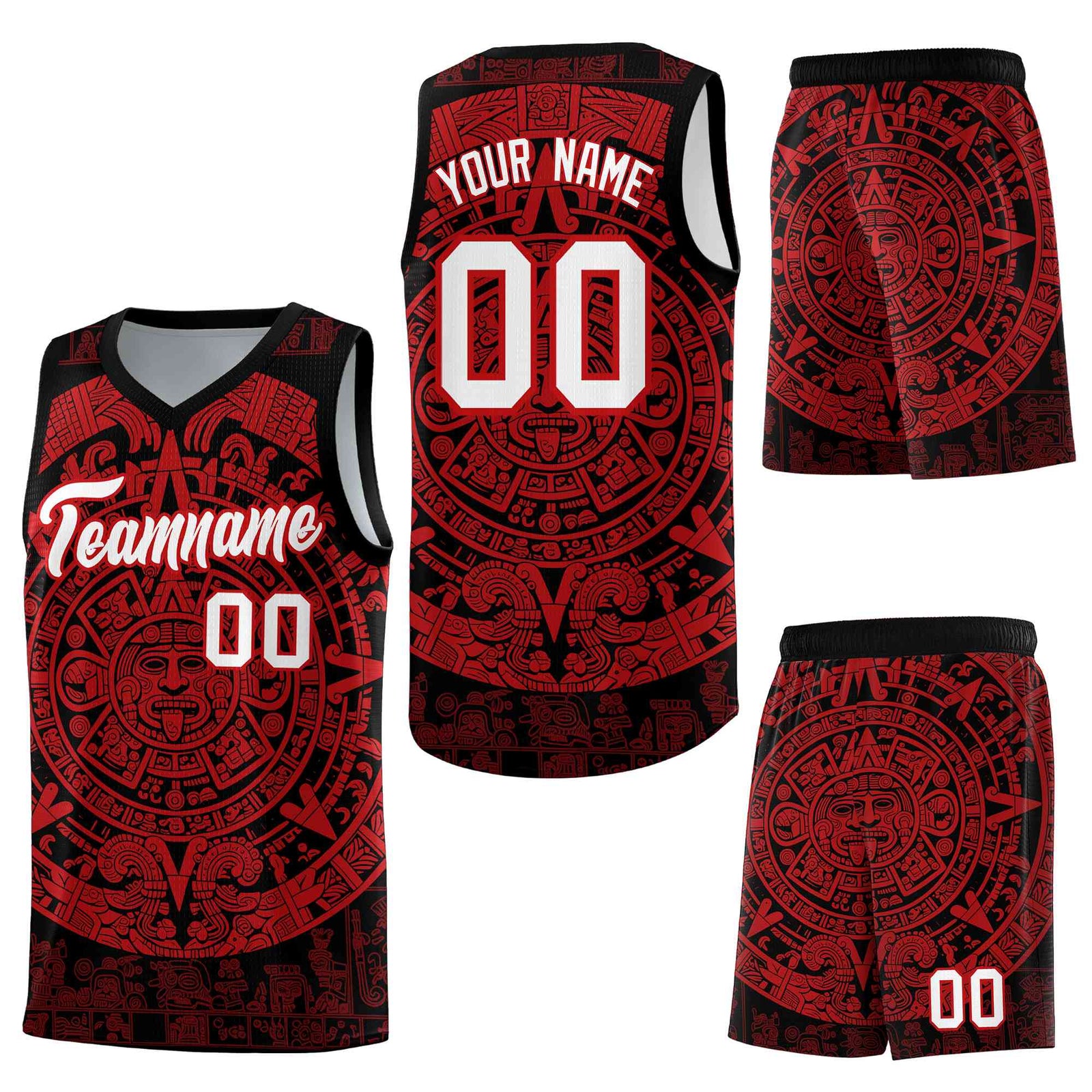 Custom Black Red Aztec Sun Stone Graffiti Pattern Drapable Uniform Basketball Jersey