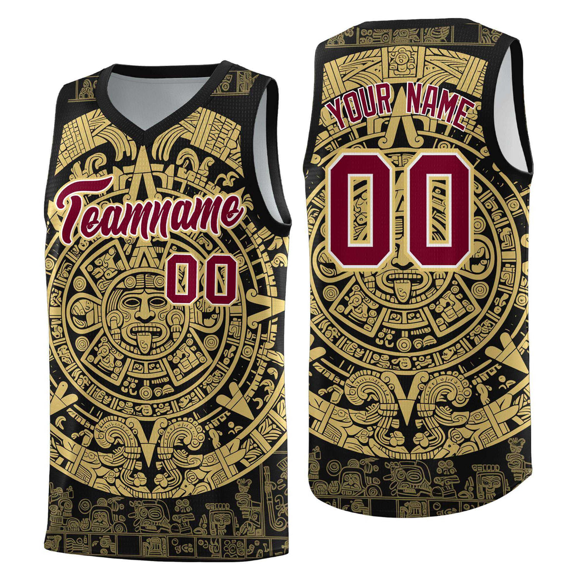 Custom Youth Basketball Jerseys Old Gold Aztec Sun Stone Pattern Custom Team Set