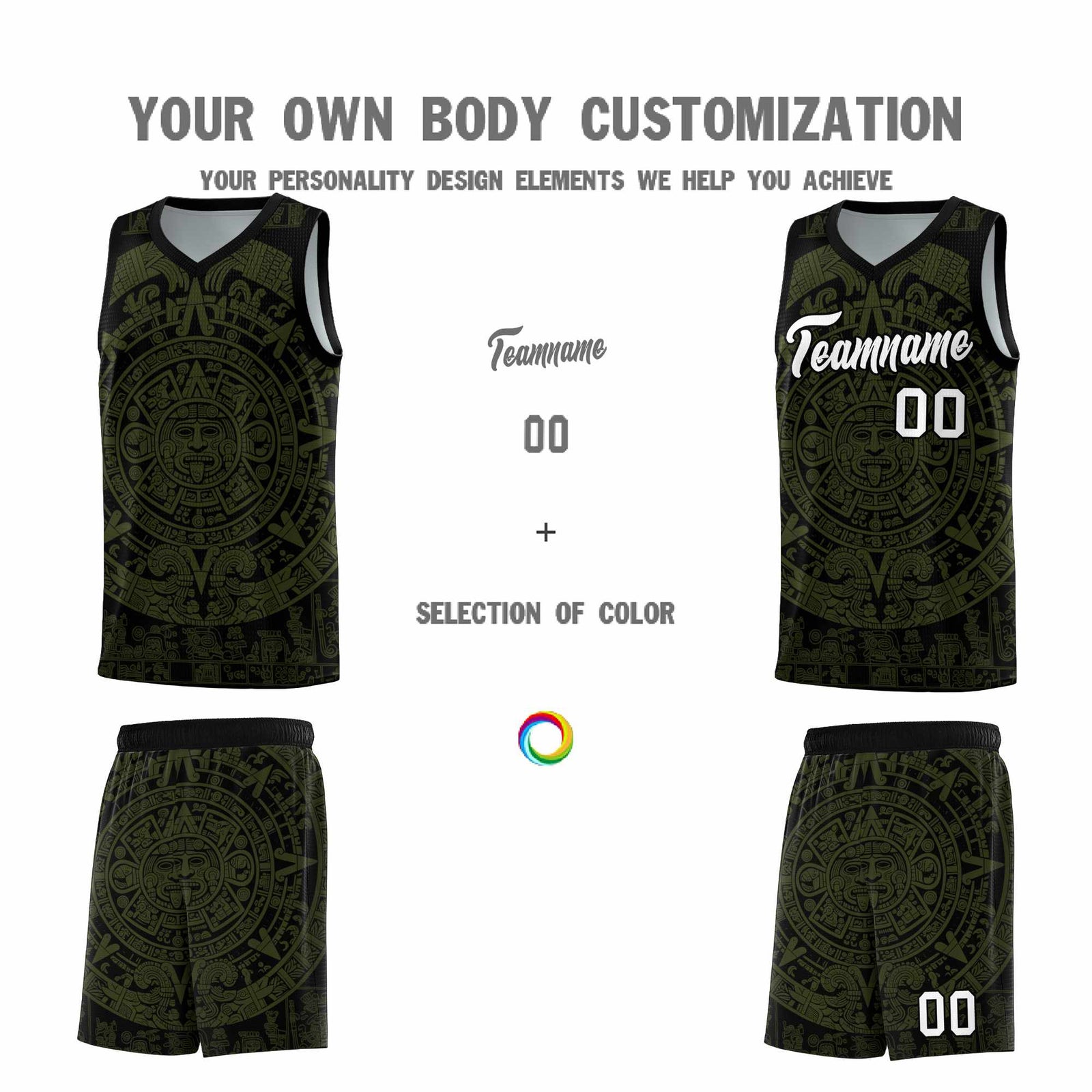 Custom Youth Basketball Jerseys Olive Aztec Sun Stone Pattern Custom Team Set