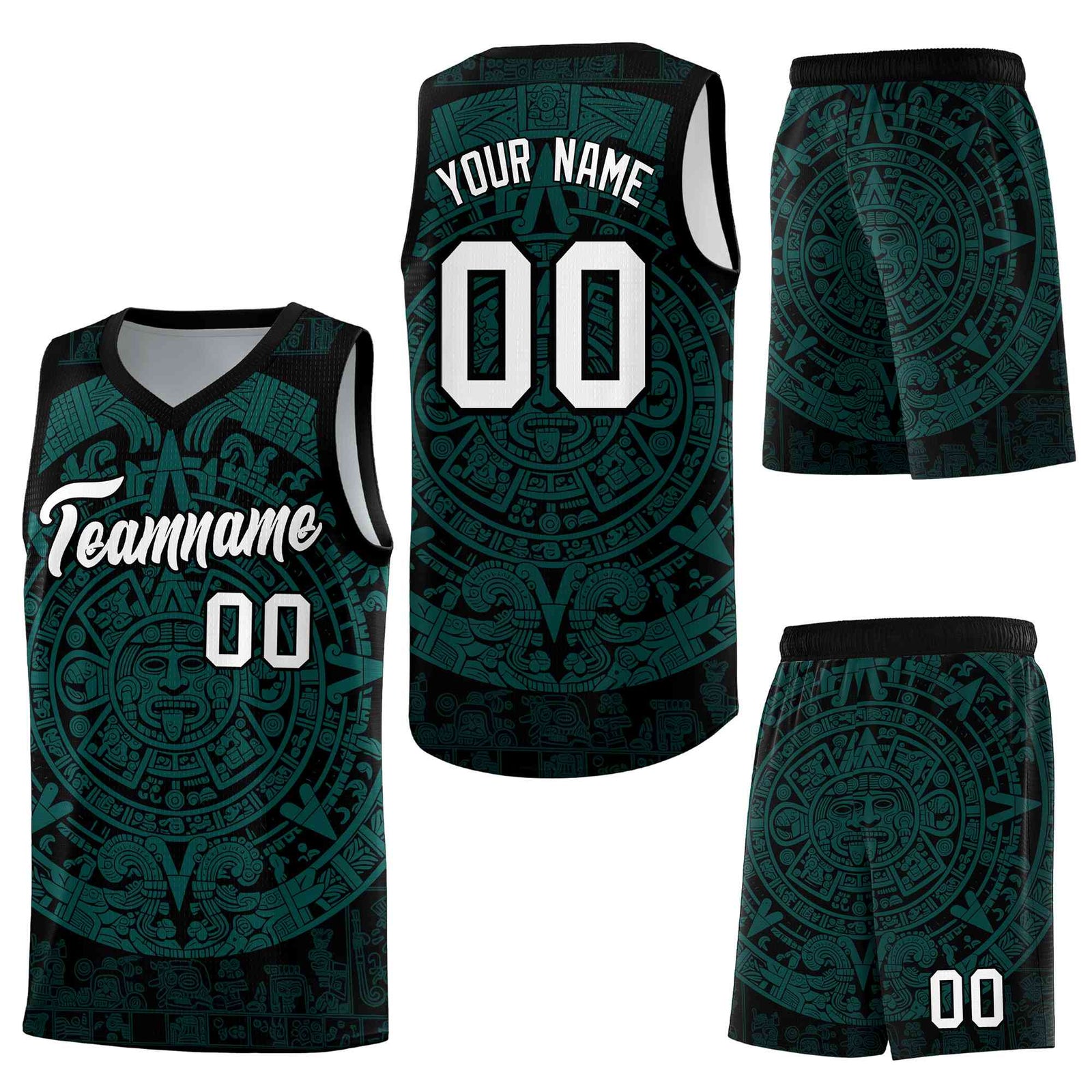 Custom Black Teal Aztec Sun Stone Graffiti Pattern Lightweight Uniform Basketball Jersey