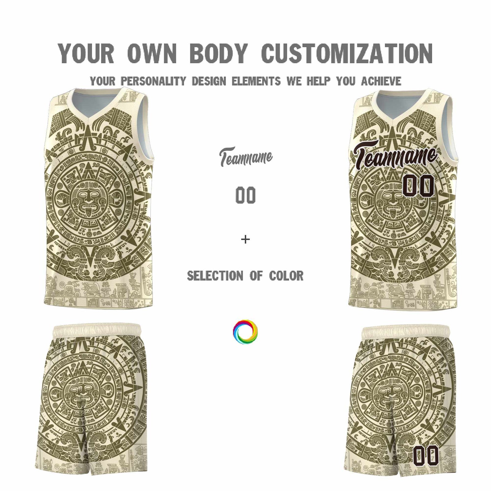 Custom Youth Basketball Jerseys Olive Aztec Sun Stone Personalized Uniform