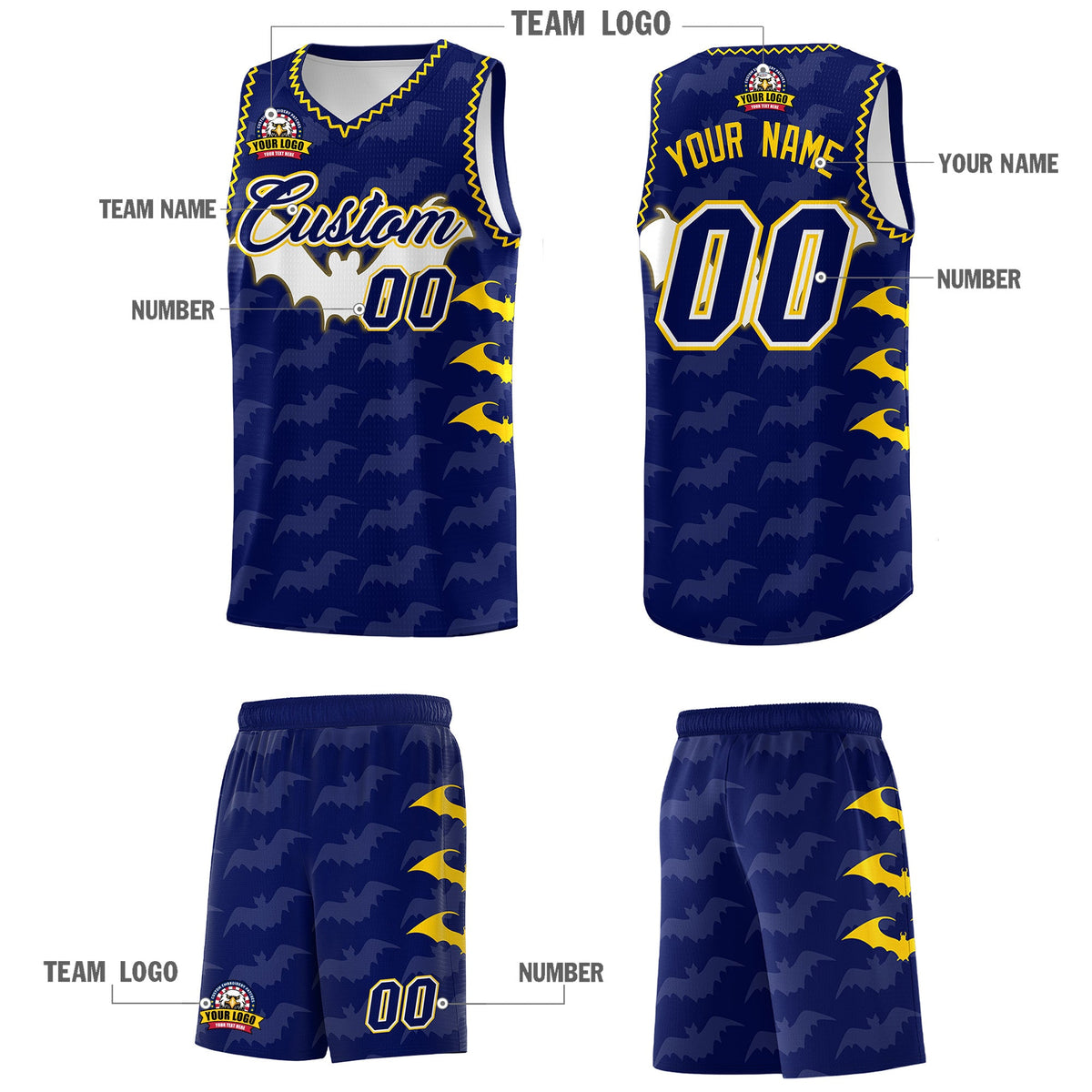 Custom Navy Gold Bat Pattern Halloween Basketball Jersey | For Men,For Kid,For Youth,Sublimation Printed,Perfect for Training,Perfect for Parties,Add Name and Numbern | KXKSHOP