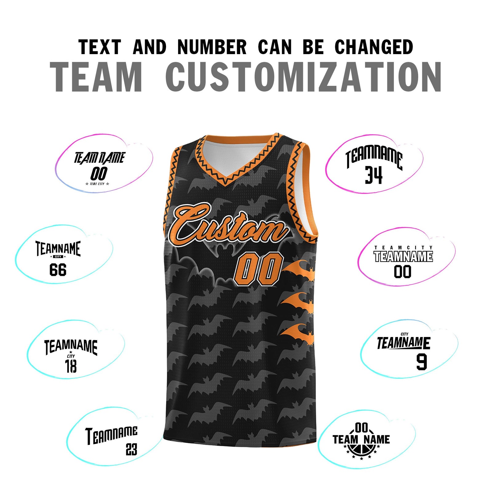 Custom Black Gold Orange Bat Pattern Halloween Basketball Jersey | For Men,For Kid,For Youth,Sublimation Printed,Perfect for Training,Perfect for Parties,Add Name and Numbern | KXKSHOP