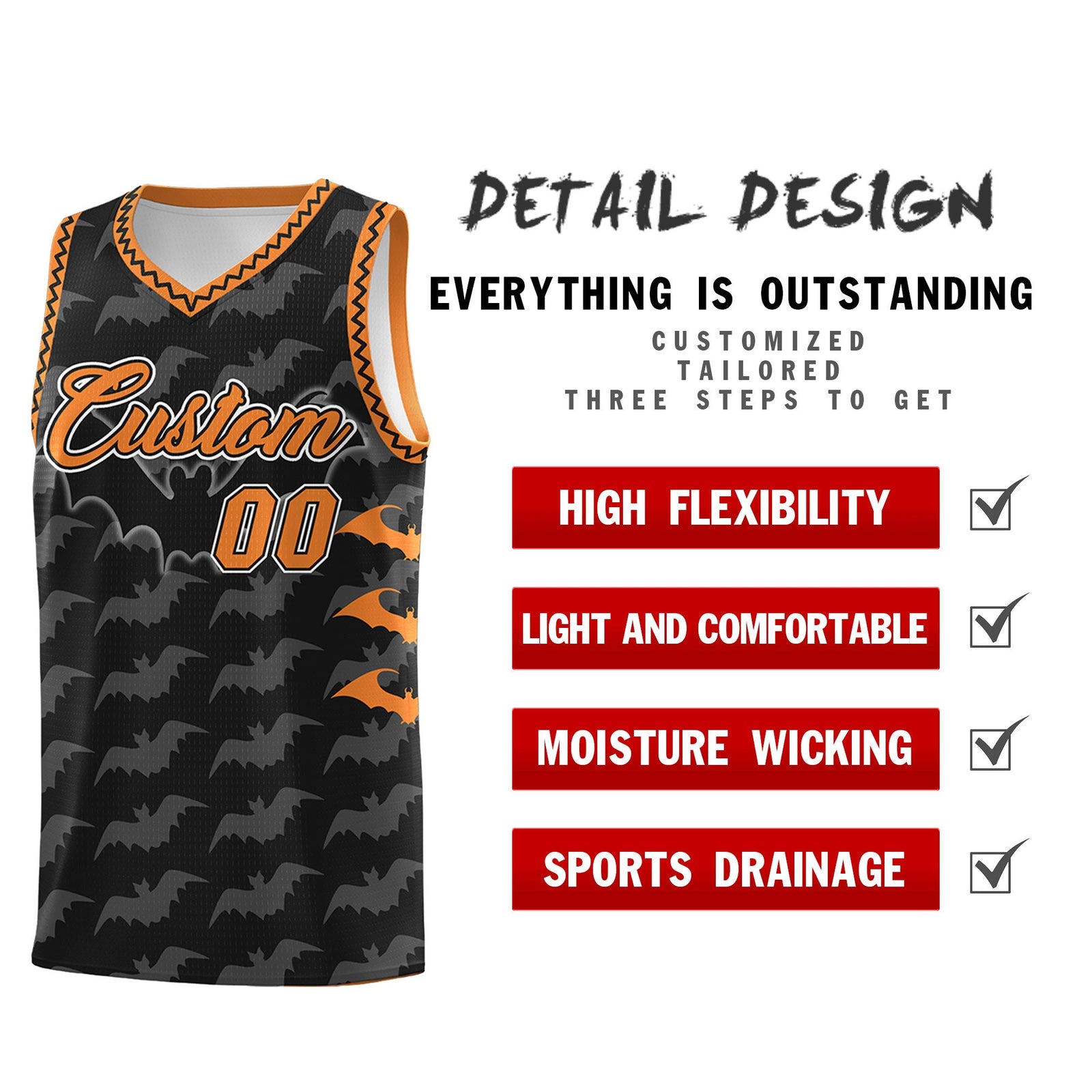 Custom Black Gold Orange Bat Pattern Halloween Basketball Jersey | For Men,For Kid,For Youth,Sublimation Printed,Perfect for Training,Perfect for Parties,Add Name and Numbern | KXKSHOP