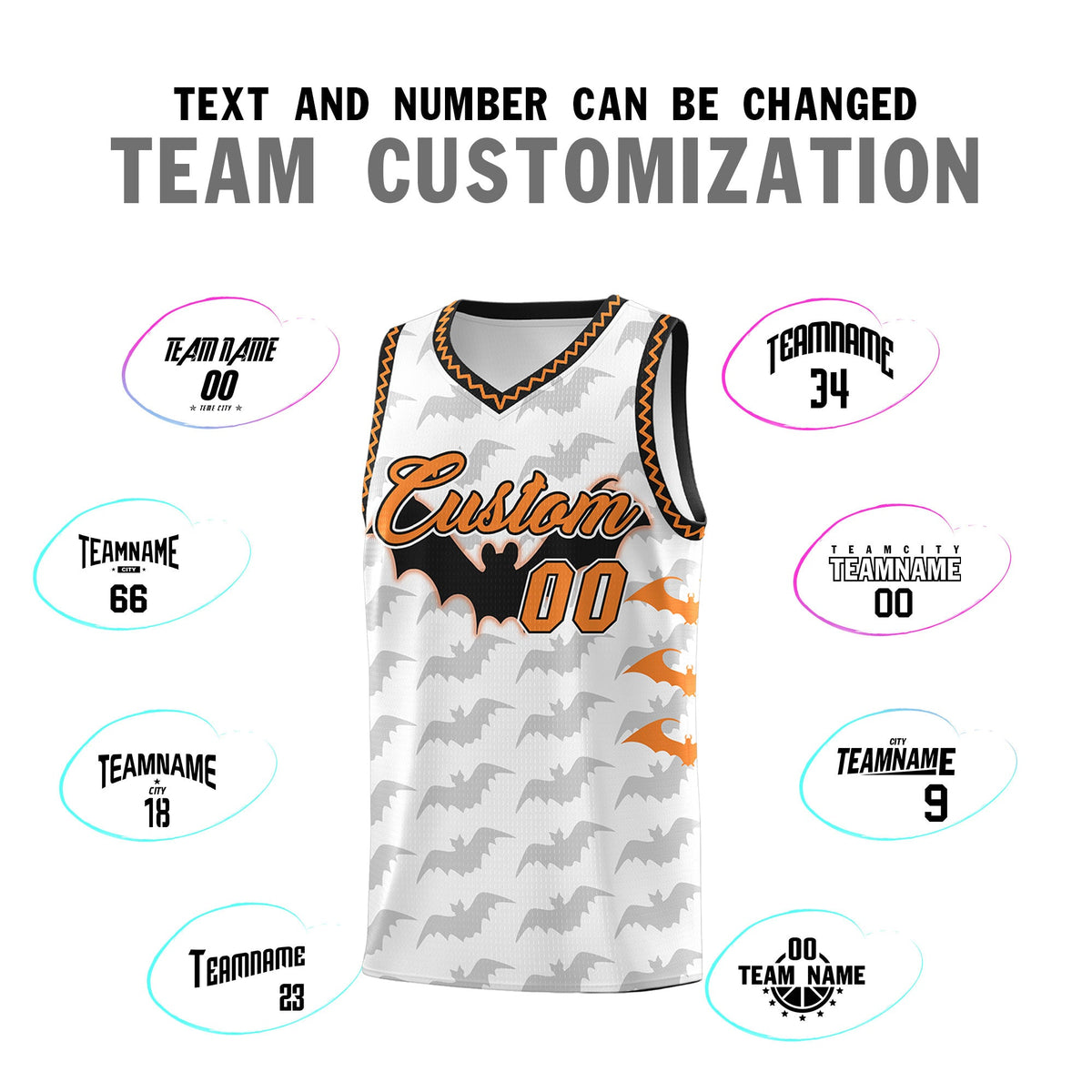 Custom White Black Bat Pattern Halloween Basketball Jersey | For Men,For Kid,For Youth,Sublimation Printed,Perfect for Training,Perfect for Parties,Add Name and Numbern | KXKSHOP