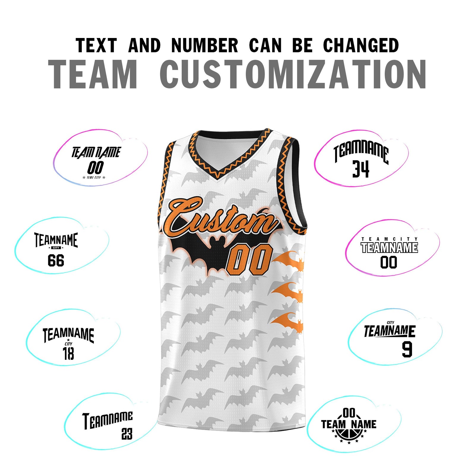 Custom White Black Bat Pattern Halloween Basketball Jersey | For Men,For Kid,For Youth,Sublimation Printed,Perfect for Training,Perfect for Parties,Add Name and Numbern | KXKSHOP