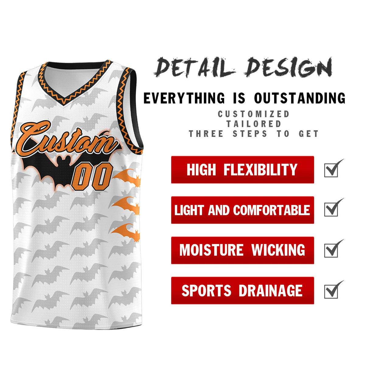 Custom White Black Bat Pattern Halloween Basketball Jersey | For Men,For Kid,For Youth,Sublimation Printed,Perfect for Training,Perfect for Parties,Add Name and Numbern | KXKSHOP
