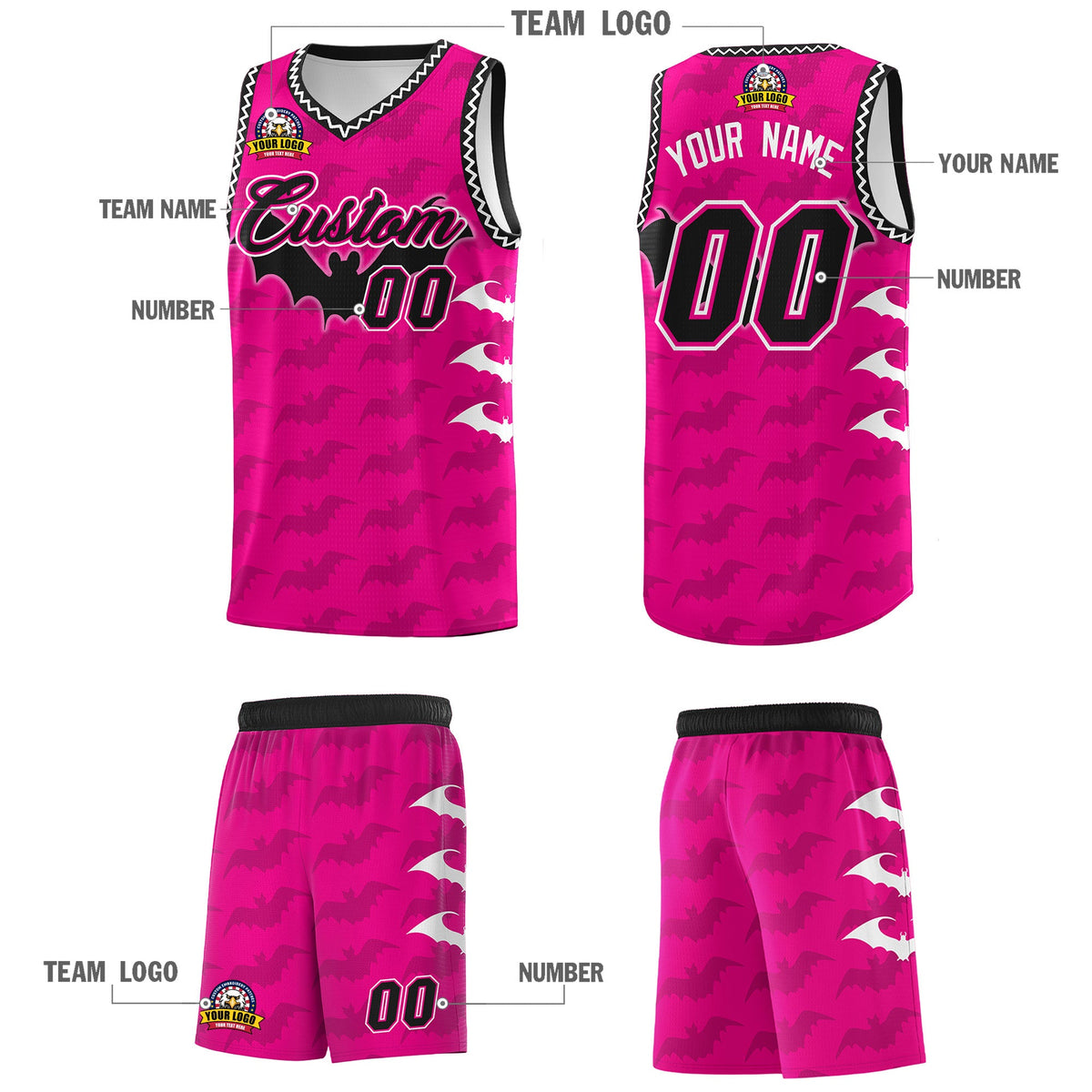 Custom Pink White Black Bat Pattern Halloween Basketball Jersey | For Men,For Kid,For Youth,Sublimation Printed,Perfect for Training,Perfect for Parties,Add Name and Numbern | KXKSHOP