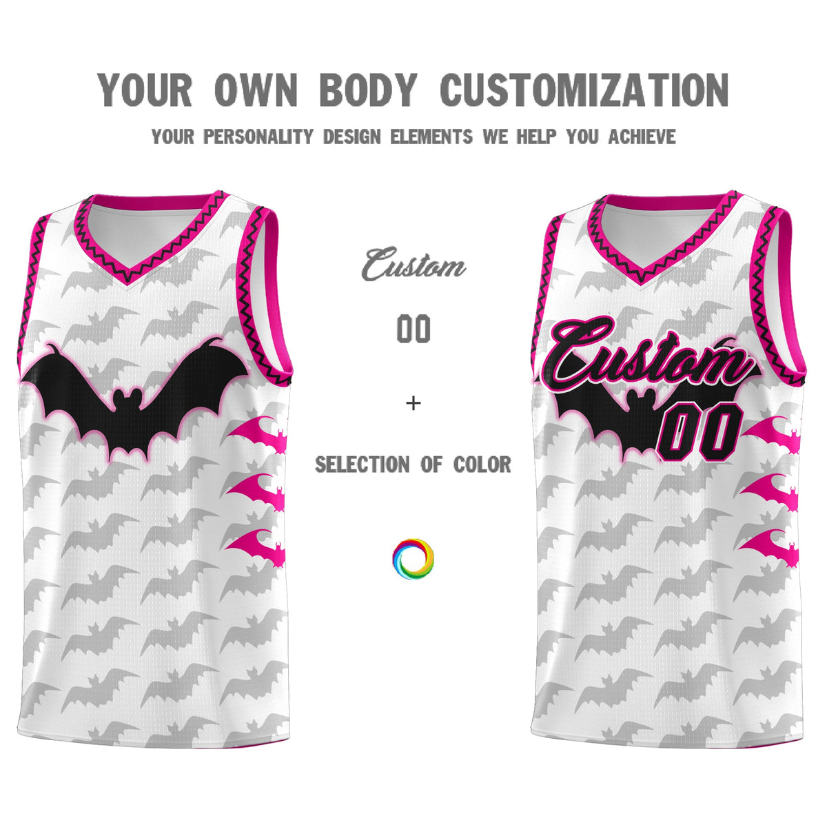 Custom White Pink Black Bat Pattern Halloween Basketball Jersey | For Men,For Kid,For Youth,Sublimation Printed,Perfect for Training,Perfect for Parties,Add Name and Numbern | KXKSHOP