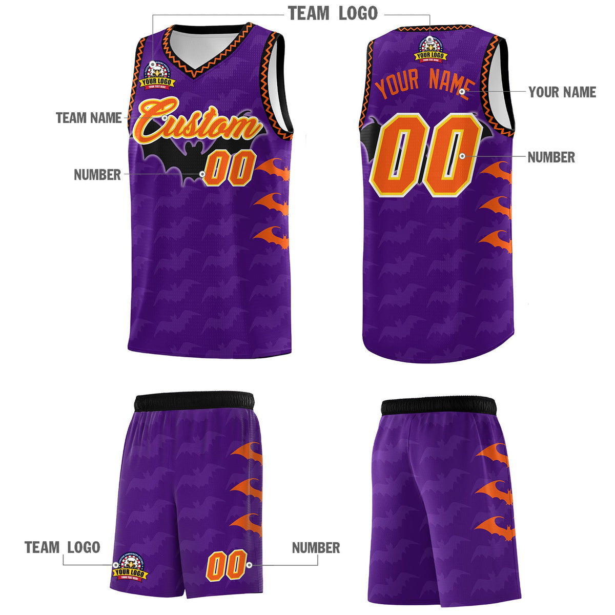 Custom Purple Orange Bat Pattern Halloween Basketball Jersey | For Men,For Kid,For Youth,Sublimation Printed,Perfect for Training,Perfect for Parties,Add Name and Numbern | KXKSHOP