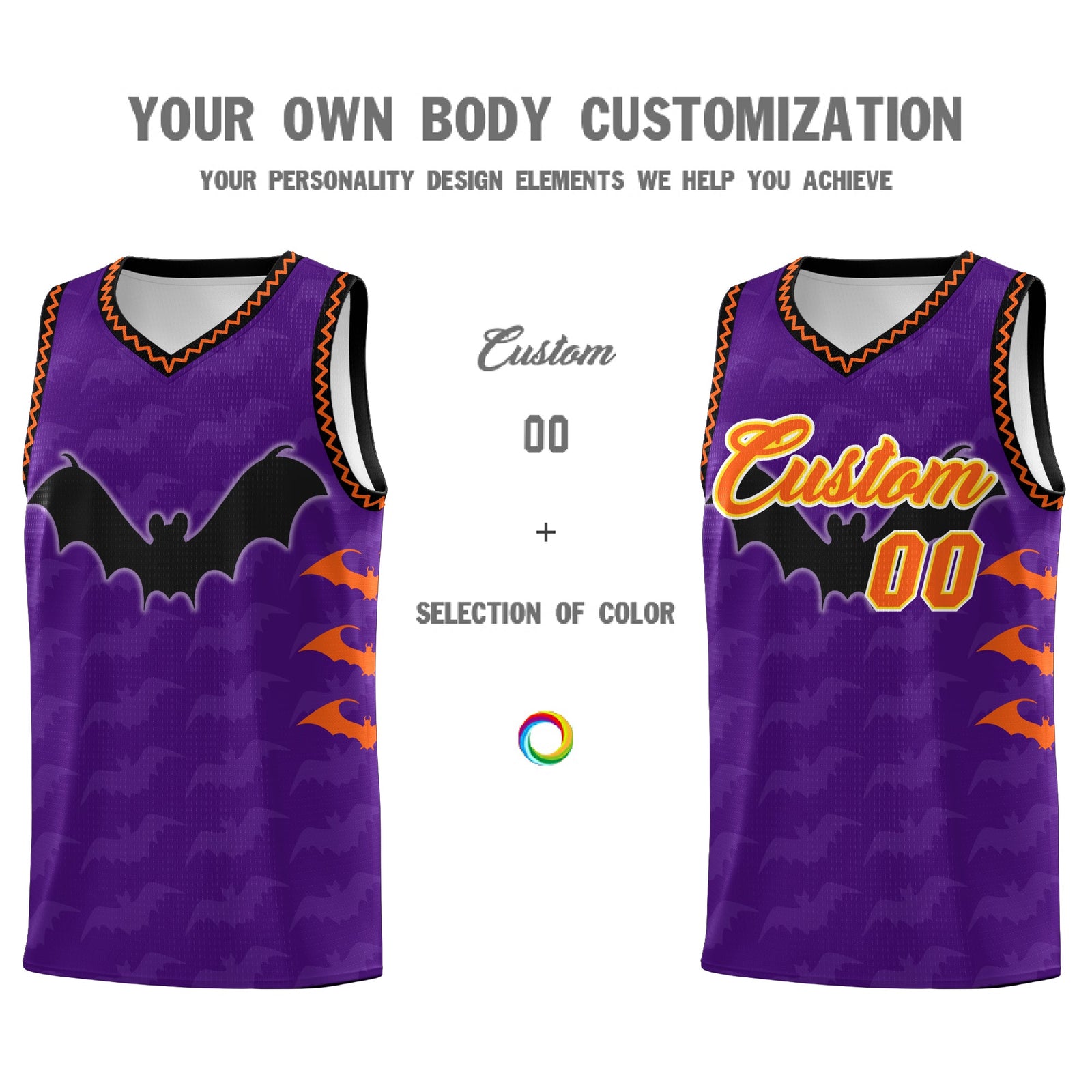Custom Purple Orange Bat Pattern Halloween Basketball Jersey | For Men,For Kid,For Youth,Sublimation Printed,Perfect for Training,Perfect for Parties,Add Name and Numbern | KXKSHOP