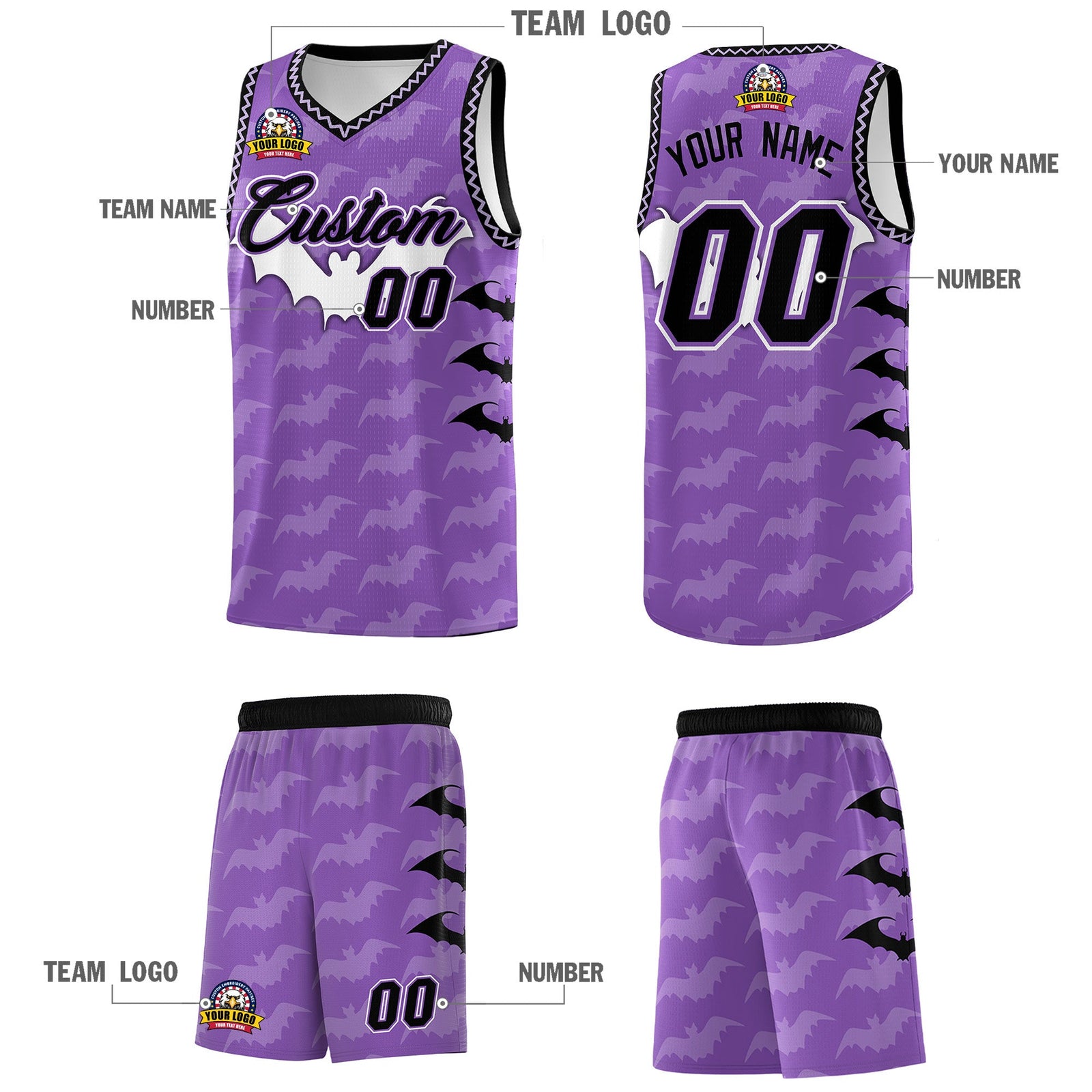 Custom Light Purple Bat Pattern Halloween Basketball Jersey | For Men,For Kid,For Youth,Sublimation Printed,Perfect for Training,Perfect for Parties,Add Name and Numbern | KXKSHOP