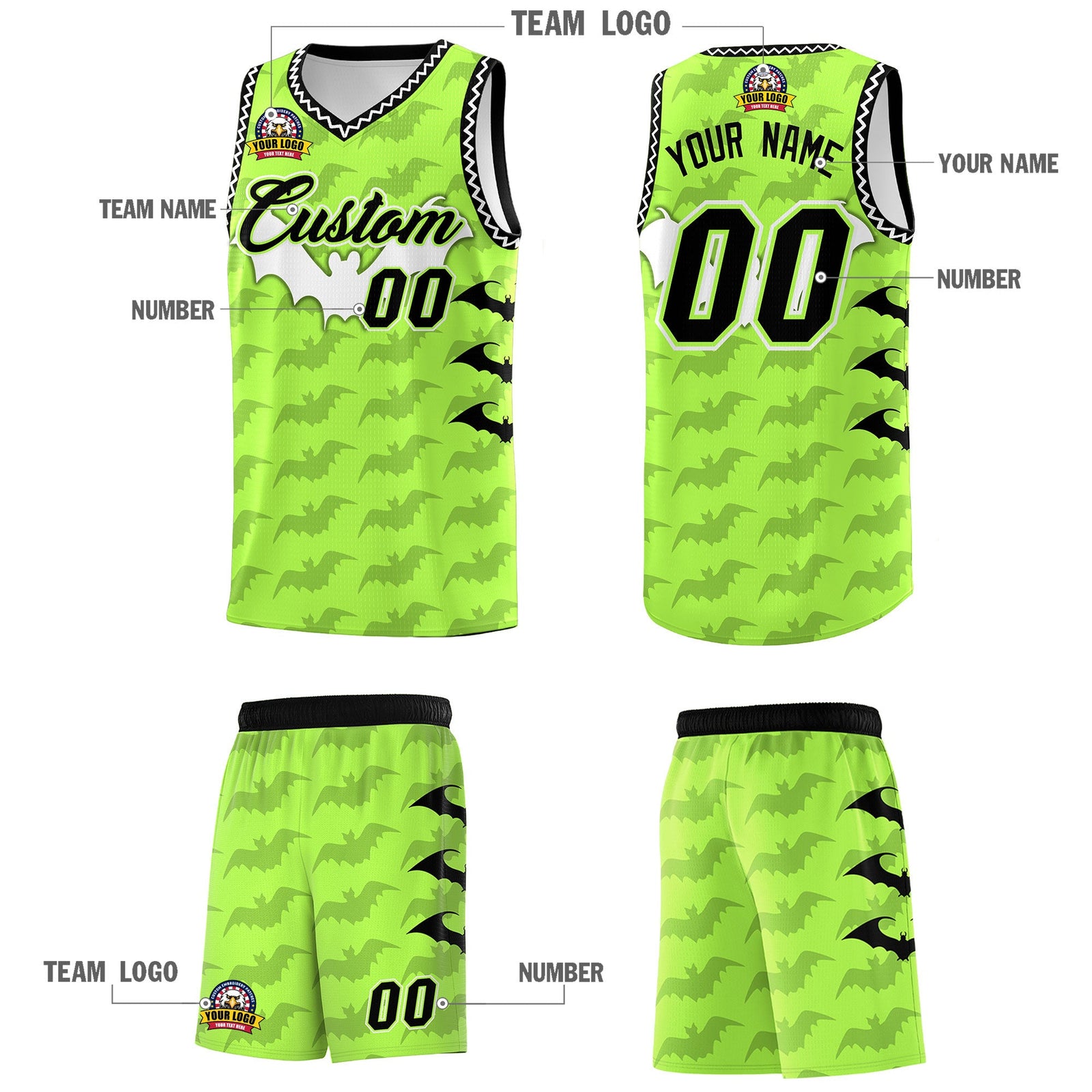 Custom Fluorescent Green White Bat Pattern Halloween Basketball Jersey | For Men,For Kid,For Youth,Sublimation Printed,Perfect for Training,Perfect for Parties,Add Name and Numbern | KXKSHOP