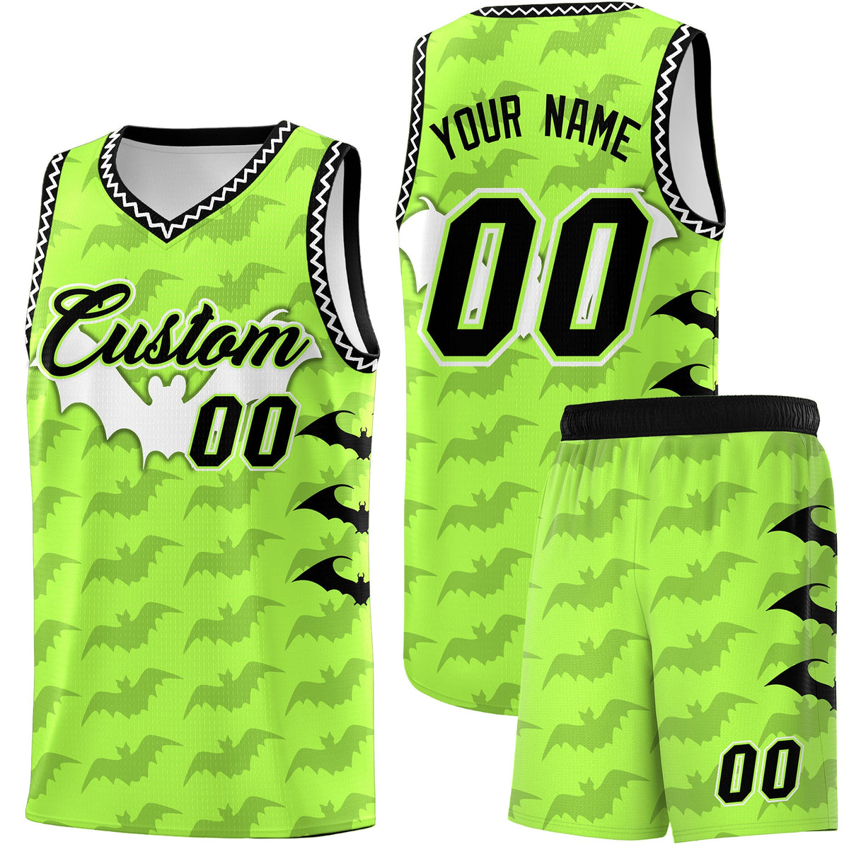 Custom Fluorescent Green White Bat Pattern Halloween Basketball Jersey | For Men,For Kid,For Youth,Sublimation Printed,Perfect for Training,Perfect for Parties,Add Name and Numbern | KXKSHOP