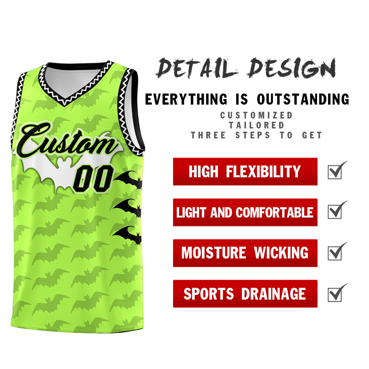 Custom Fluorescent Green White Bat Pattern Halloween Basketball Jersey | For Men,For Kid,For Youth,Sublimation Printed,Perfect for Training,Perfect for Parties,Add Name and Numbern | KXKSHOP