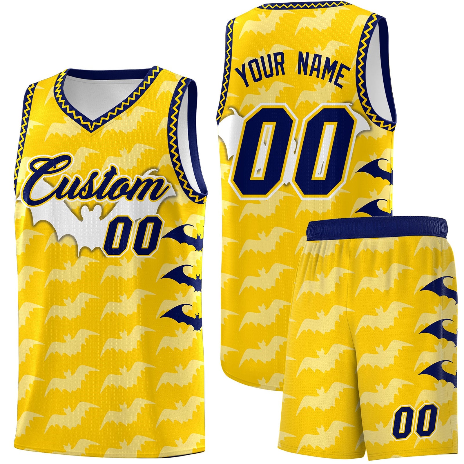 Custom Gold White Navy Bat Pattern Halloween Basketball Jersey | For Men,For Kid,For Youth,Sublimation Printed,Perfect for Training,Perfect for Parties,Add Name and Numbern | KXKSHOP
