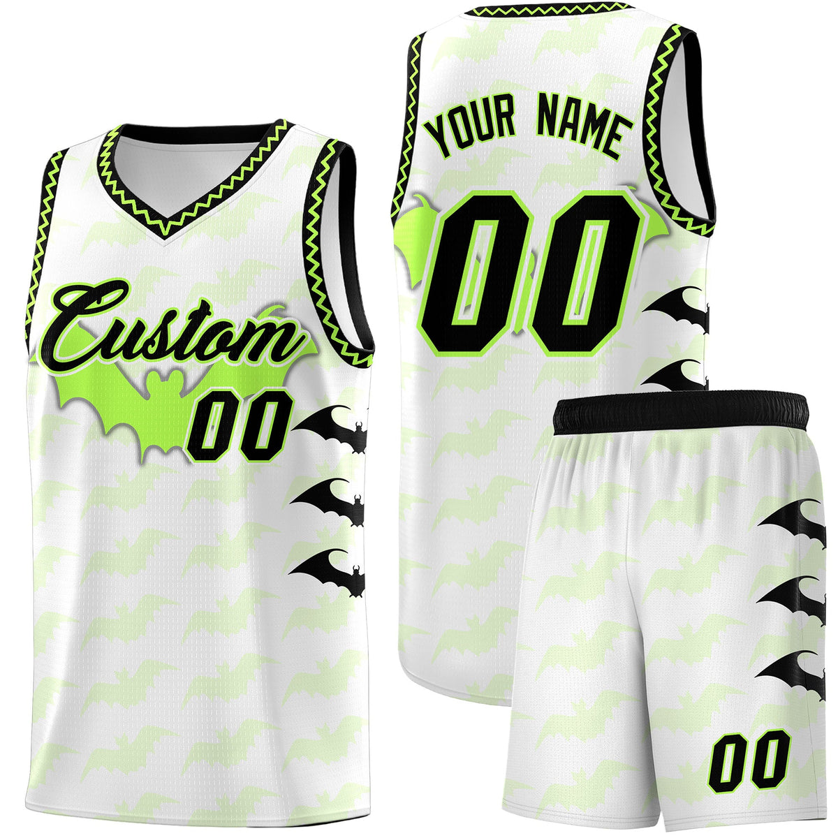 Custom White Fluorescent Green Black Bat Pattern Halloween Basketball Jersey | For Men,For Kid,For Youth,Sublimation Printed,Perfect for Training,Perfect for Parties,Add Name and Numbern | KXKSHOP