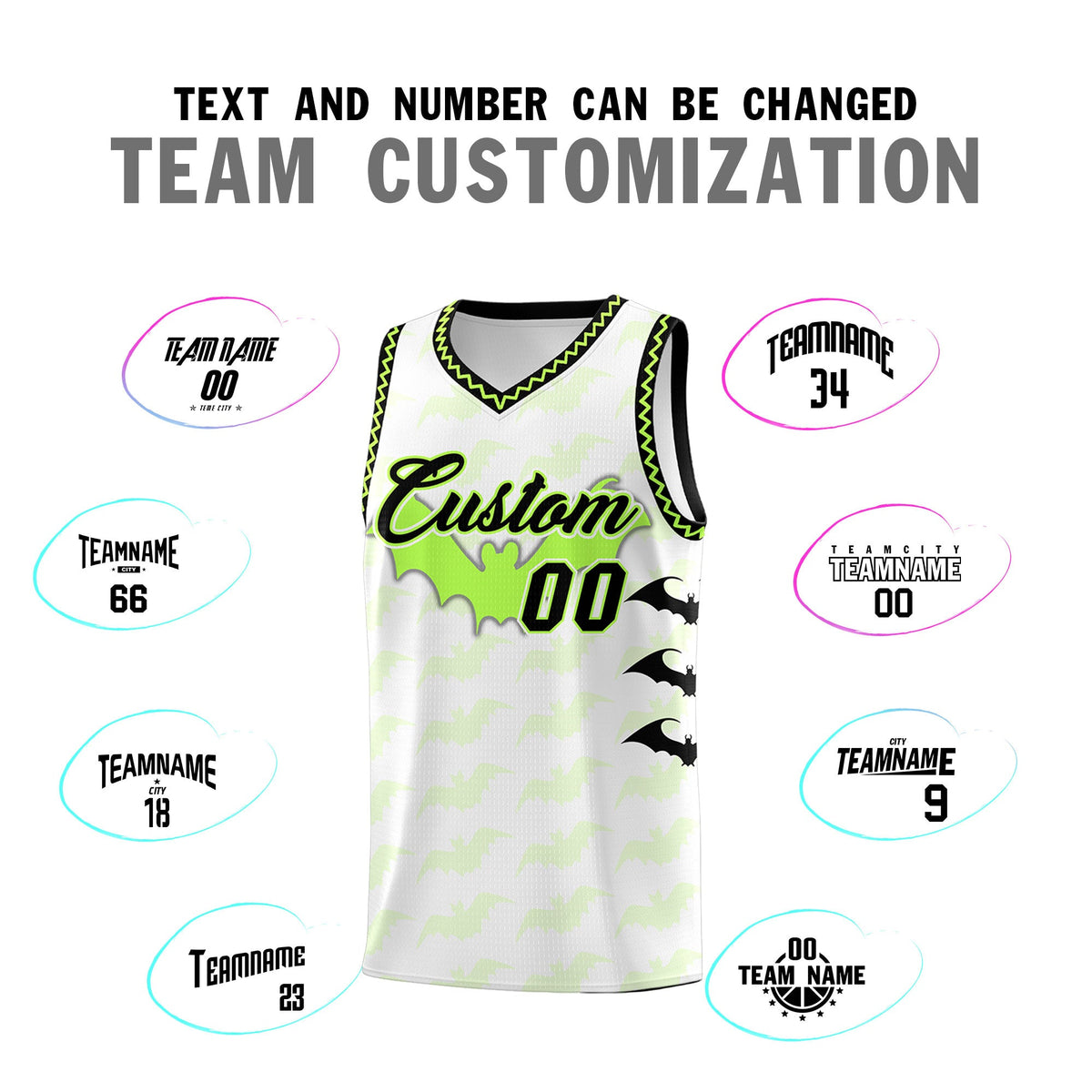 Custom White Fluorescent Green Black Bat Pattern Halloween Basketball Jersey | For Men,For Kid,For Youth,Sublimation Printed,Perfect for Training,Perfect for Parties,Add Name and Numbern | KXKSHOP