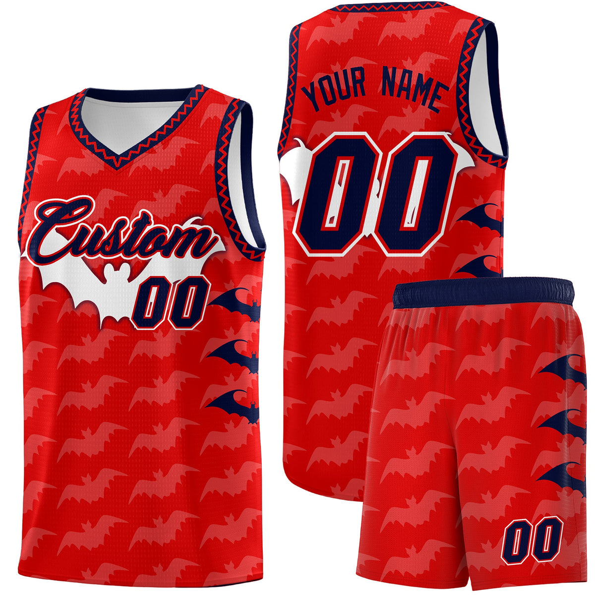 Custom Red White Navy Bat Pattern Halloween Basketball Jersey | For Men,For Kid,For Youth,Sublimation Printed,Perfect for Training,Perfect for Parties,Add Name and Numbern | KXKSHOP
