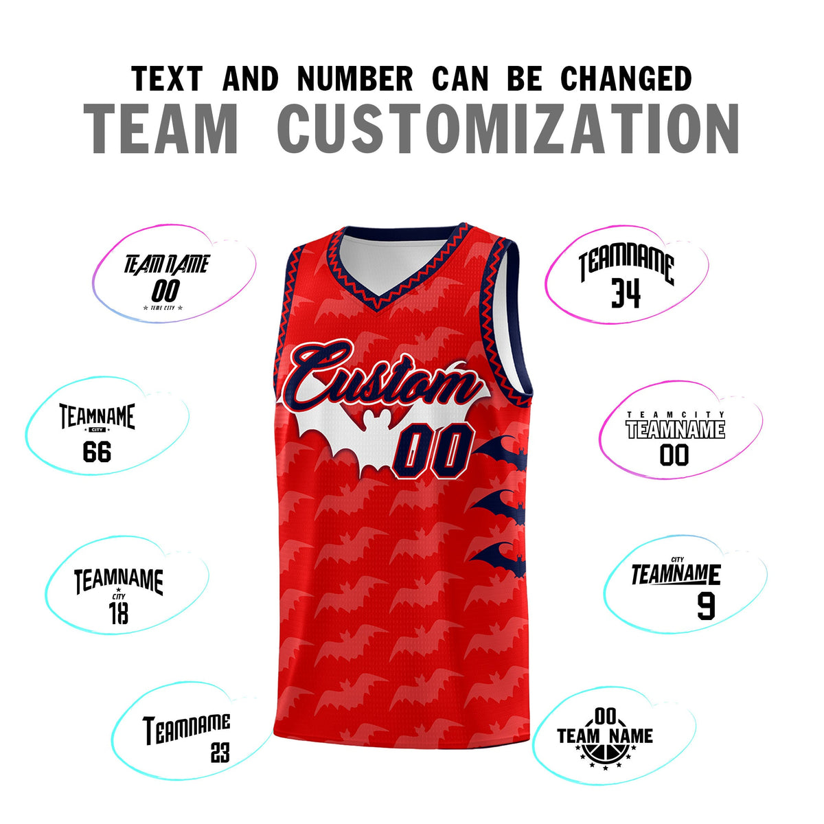 Custom Red White Navy Bat Pattern Halloween Basketball Jersey | For Men,For Kid,For Youth,Sublimation Printed,Perfect for Training,Perfect for Parties,Add Name and Numbern | KXKSHOP