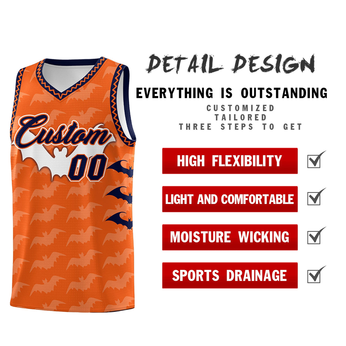 Custom Orange Navy Bat Pattern Halloween Basketball Jersey | For Men,For Kid,For Youth,Sublimation Printed,Perfect for Training,Perfect for Parties,Add Name and Numbern | KXKSHOP