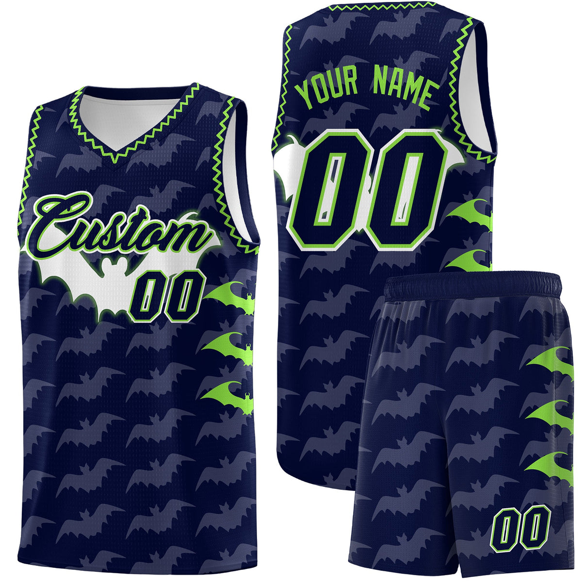 Custom Navy Fluorescent Green Bat Pattern Halloween Basketball Jersey | For Men,For Kid,For Youth,Sublimation Printed,Perfect for Training,Perfect for Parties,Add Name and Numbern | KXKSHOP