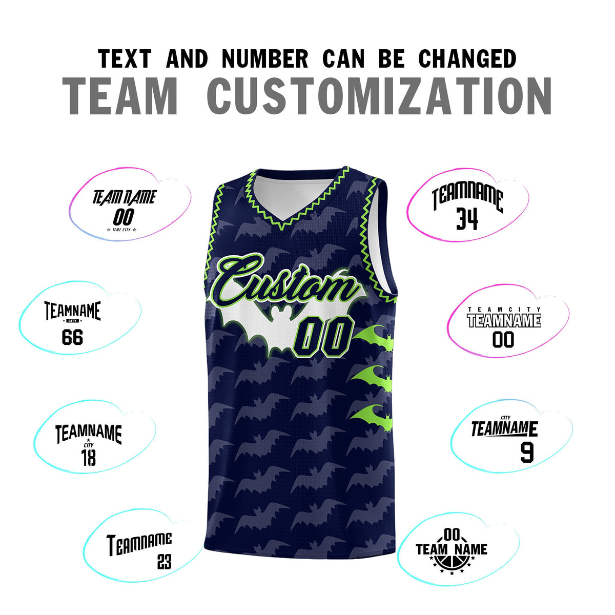 Custom Navy Fluorescent Green Bat Pattern Halloween Basketball Jersey | For Men,For Kid,For Youth,Sublimation Printed,Perfect for Training,Perfect for Parties,Add Name and Numbern | KXKSHOP