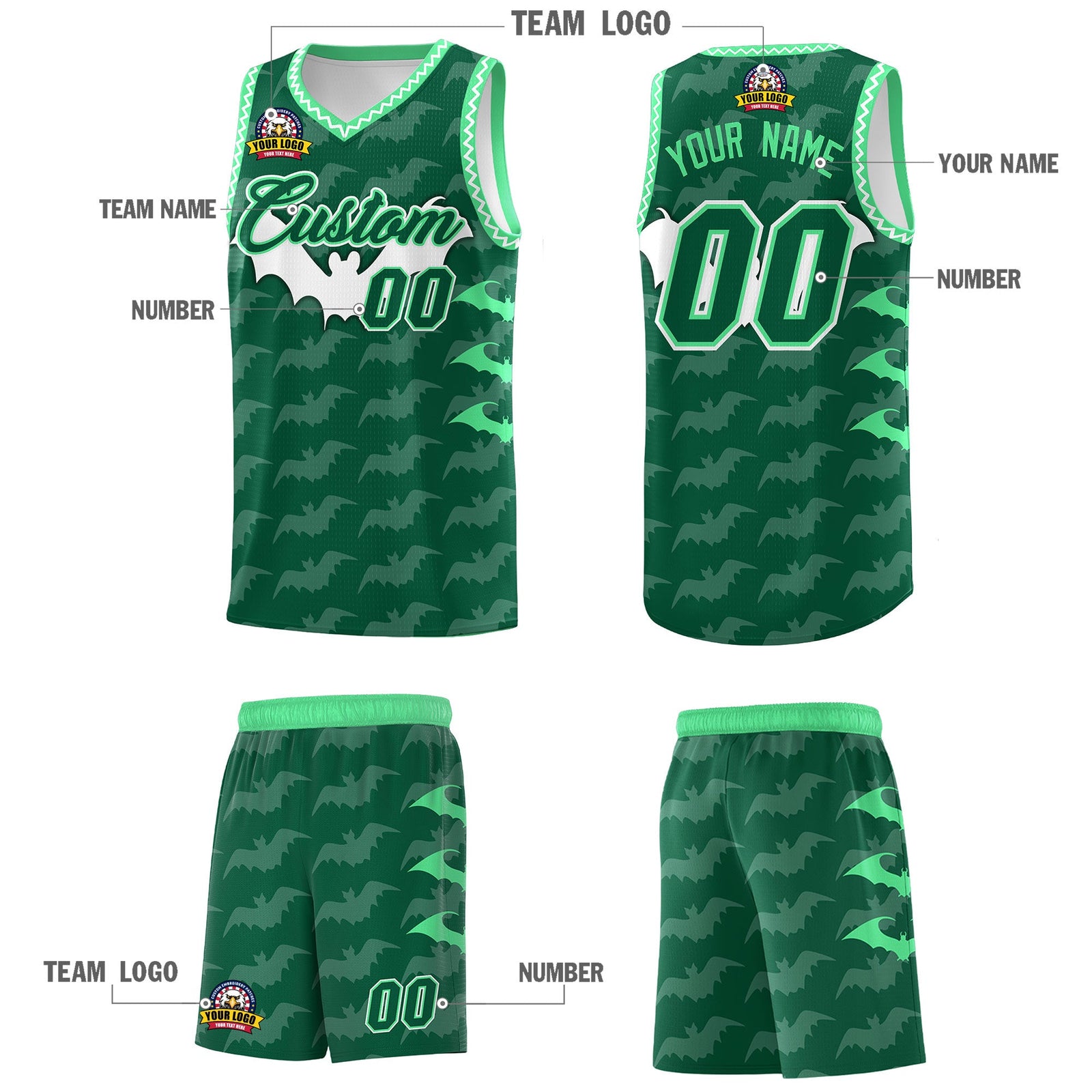 Custom Kelly Green White Green Bat Pattern Halloween Basketball Jersey | For Men,For Kid,For Youth,Sublimation Printed,Perfect for Training,Perfect for Parties,Add Name and Numbern | KXKSHOP