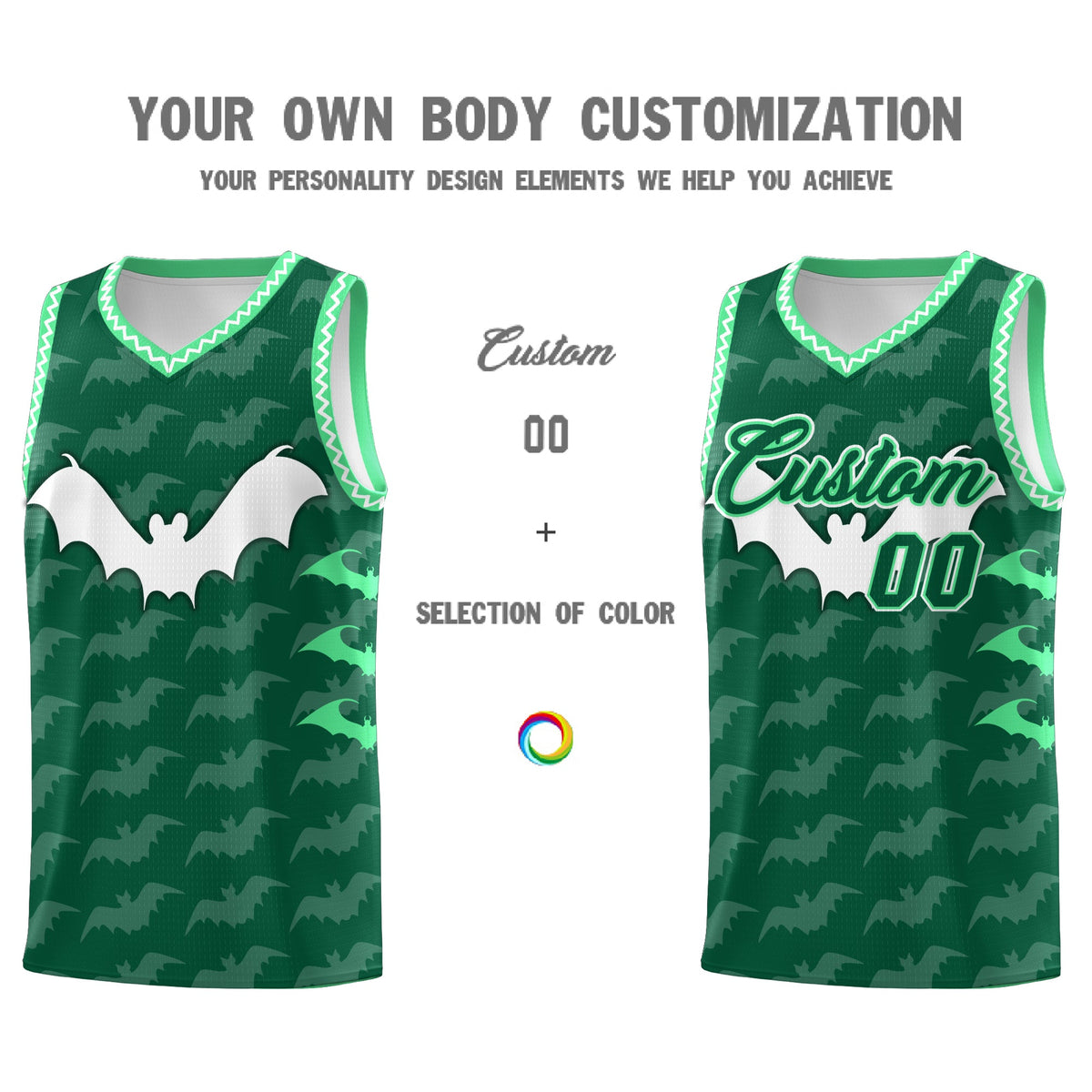 Custom Kelly Green White Green Bat Pattern Halloween Basketball Jersey | For Men,For Kid,For Youth,Sublimation Printed,Perfect for Training,Perfect for Parties,Add Name and Numbern | KXKSHOP