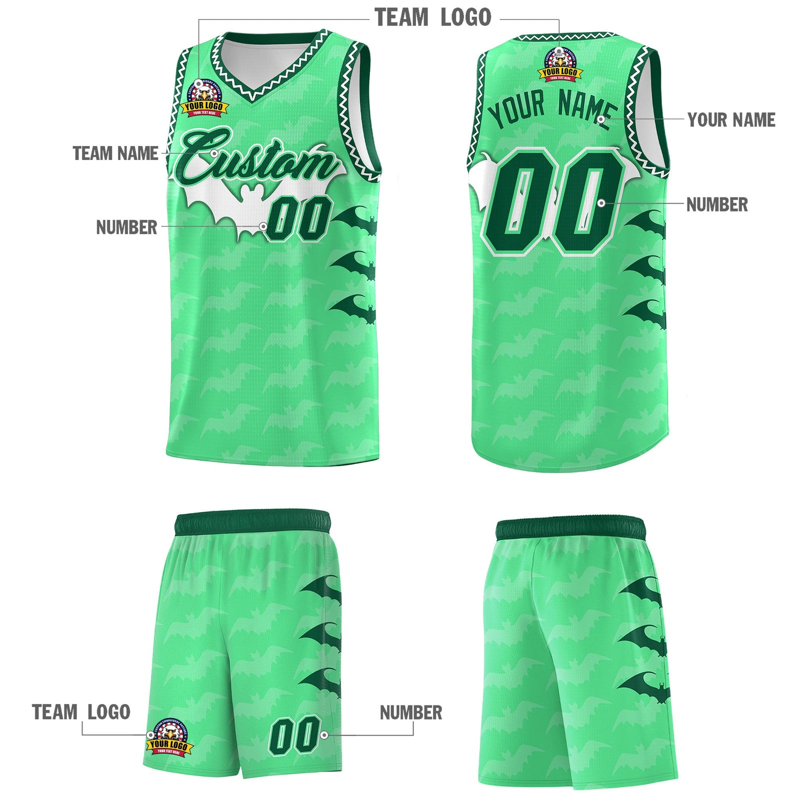 Custom Green White Bat Pattern Halloween Basketball Jersey | For Men,For Kid,For Youth,Sublimation Printed,Perfect for Training,Perfect for Parties,Add Name and Numbern | KXKSHOP